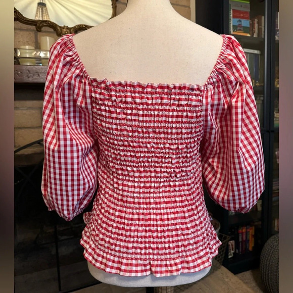VINE & LOVE Red & White Gingham Milkmaid / Picnic / Puff Sleeves Top - Small - Picture 5 of 12